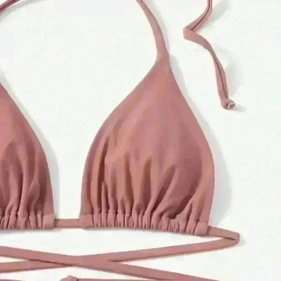 NWT Solid Rose Pink Ruched Double Wrap Triangle Tie Bikini SET - Picture 11 of 11